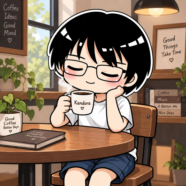 メガネをかけてコーヒーを飲みながらゆったりと考えごとをするKandoraのキャラクター