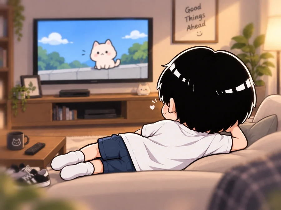 リビングのソファに寝転がってテレビで作品を楽しむKandoraのキャラクター