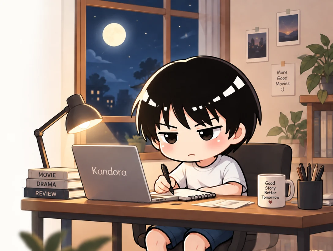 夜の窓辺でKandoraのコラムを執筆するキャラクター