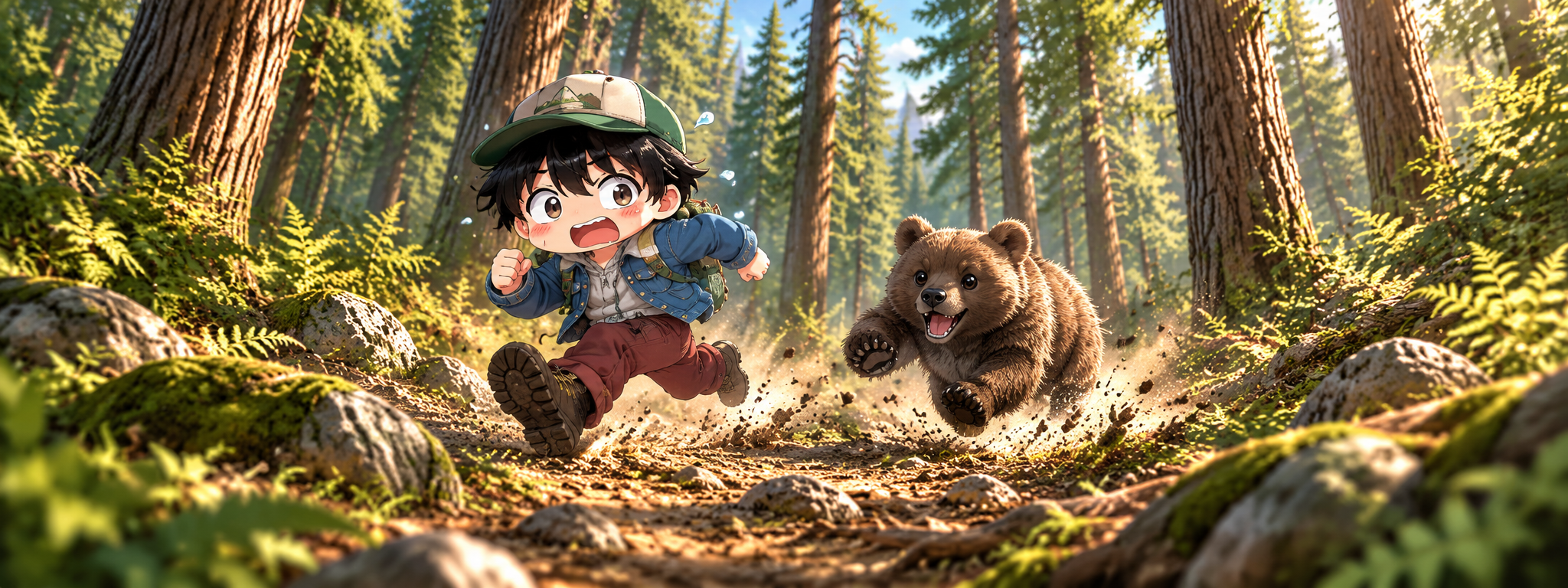 森の中を逃げる人物と熊のイメージ
